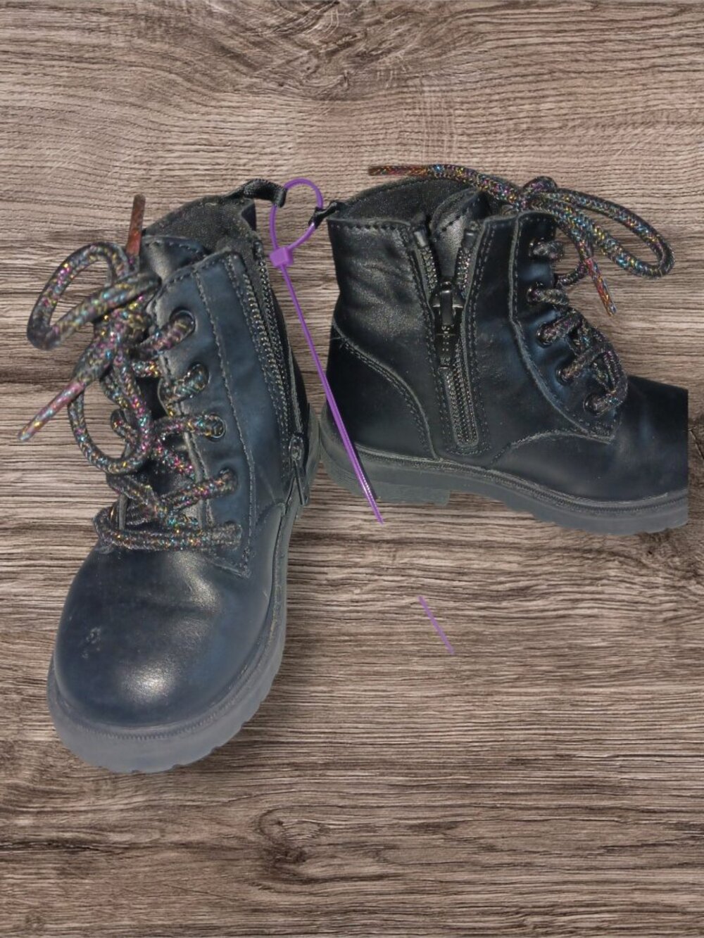 Old Navy Girls Size 6 Black Combat Boots Metallic Rainbow & Black Laces